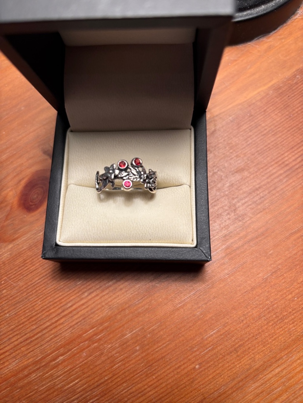 Or Paz Silver Floral Ring with Red-Pink Stones